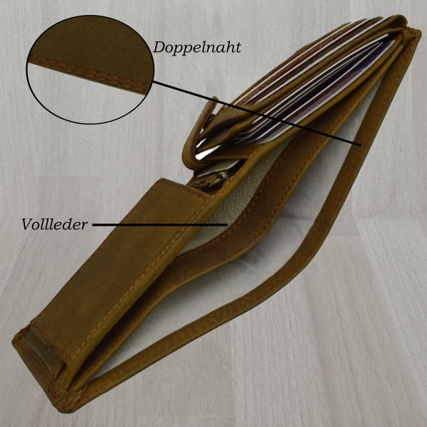 Edle Voll-Leder Herren Geldbörse Brieftasche RFID Schutz Riegelverschluss Querformat (braun)